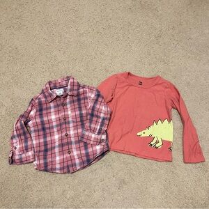 Boys Carter’s Plaid Button up Shirt & Tea Collection Stegosaurs shirt Sz 18-24m